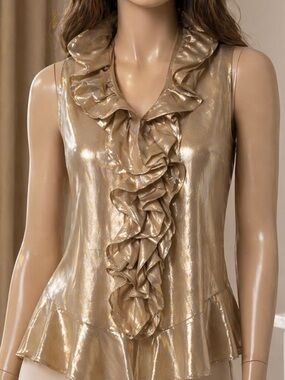 Ralph Lauren Metallic Gold Ruffle Sleeveless Blouse Silk Blend 16P NWT